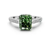 Cathedral Engagement Ring Setting for Fancy Green Radiant Cut Center with Antique-Style Pave Band and Prong Head in Platinum