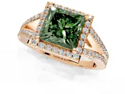 Halo Engagement Ring Setting for Fancy Green Princess Cut Center with Pave Split Shank and Prong Head in Rose Gold