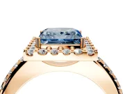 Pave Halo Engagement Ring Setting for Fancy Blue Princess Cut Center with Single Row Pave Band and Prong Head in Rose Gold