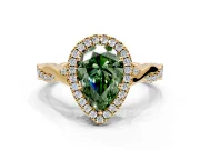 Halo Engagement Ring Setting for Fancy Green Pear-Shaped Center with Twist Band and Prong Head in Yellow Gold