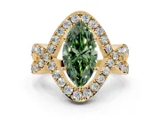 Halo Engagement Ring Setting for Fancy Green Marquise Center with Pave Infinity Twist Band and Prong Head in Yellow Gold