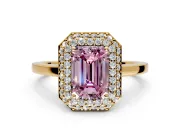 Halo Engagement Ring Setting for Fancy Pink Emerald Cut Center with Plain Tapered Band and Prong Head in Yellow Gold