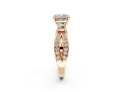 3 Stone Engagement Ring Setting for Cushion Cut Center with Pave Twist Band and Prong Head in Rose Gold
