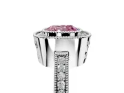 Halo Engagement Ring Setting for Fancy Pink Cushion Cut Center with Milgrain Halo, Pave Band and Prong Head in Platinum