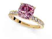 Solitaire Engagement Ring Setting for Fancy Pink Cushion Cut Center with Fine Pave Band and Claw Prong Head in Yellow Gold