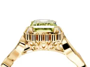 Halo Engagement Ring Setting for Fancy Yellow Emerald Cut Center with Leaf Motif Split Shank and Prong Head in Yellow Gold