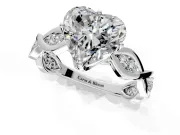 Solitaire Engagement Ring Setting for Heart-Shaped Center with Accented Twist Band and Leaf Prong Head in Sterling Silver