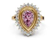 Halo Engagement Ring Setting for Fancy Pink Pear-Shaped Center with Milgrain Bezel Rim, Plain Band and Prong Head in Yellow Gold