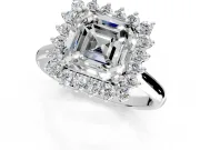 Starburst Halo Engagement Ring Setting for Asscher Cut Center with Thin Round-Wire Band and Prong Head in Platinum