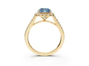 Halo Engagement Ring Setting for Fancy Blue Cushion Cut Center with Narrowing Pave Band and Prong Head in Yellow Gold