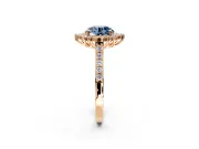Sunburst Halo Engagement Ring Setting for Fancy Blue Round Cut Center with Pave Band and Prong Head in Rose Gold