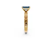 Solitaire Engagement Ring Setting for Fancy Blue Emerald Cut Center with XO Engraved Band and Prong Head in Yellow Gold