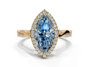 Halo Engagement Ring Setting for Fancy Blue Marquise Center with Twist Band and Prong Head in Yellow Gold