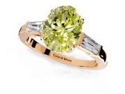3 Stone Engagement Ring Setting for Fancy Yellow Oval Center with Baguette Accents and Prong Head in Rose Gold