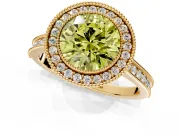 Halo Engagement Ring Setting for Fancy Yellow Round Cut Center with Milgrain Pave Band and Bezel Head in Yellow Gold