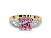 3 Stone Engagement Ring Setting for Fancy Pink Cushion Cut Center with Large Pear-Shaped Accents and Prong Head in Yellow Gold