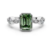 Vintage Station Engagement Ring Setting for Fancy Green Emerald Cut Center with Accents and Prong Head in Platinum