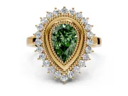 Halo Engagement Ring Setting for Fancy Green Pear-Shaped Center with Milgrain Bezel Rim, Plain Band and Prong Head in Yellow Gold