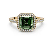 Halo Engagement Ring Setting for Fancy Green Asscher Cut Center with Narrowing Pave Band and Prong Head in Yellow Gold
