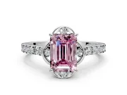 Floral Engagement Ring Setting for Fancy Pink Emerald Cut Center with Pave Band and Floral Prong Head in Platinum