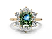 Small-Accent Cluster Halo Engagement Ring Setting for Fancy Green Radiant Cut Center with Plain Band and Prong Head in Yellow Gold