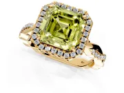 Halo Engagement Ring Setting for Fancy Yellow Asscher Cut Center with Pave and Plain Twist Band and Prong Head in Yellow Gold