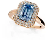Halo Engagement Ring Setting for Fancy Blue Emerald Cut Center with Plain Tapered Band and Prong Head in Rose Gold