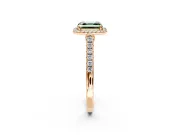 Halo Engagement Ring Setting for Fancy Green Asscher Cut Center with Narrowing Pave Band and Prong Head in Rose Gold