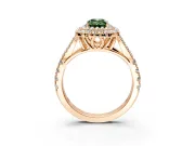 Double Halo Engagement Ring Setting for Fancy Green Emerald Cut Center with Narrow Pave Split Shank and Prong Head in Rose Gold