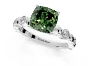 Solitaire Engagement Ring Setting for Fancy Green Cushion Cut Center with Beaded Bezel Station Band and Prong Head in White Gold