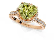 Halo Engagement Ring Setting for Fancy Yellow Heart-Shaped Center with Openwork Halo, Pave Band and Prong Head in Rose Gold
