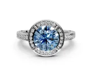 Halo Engagement Ring Setting for Fancy Blue Round Cut Center with Framed Halo, Pave Band and Prong Head in Platinum
