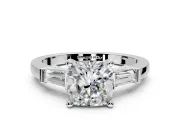 3 Stone Engagement Ring Setting for Cushion Cut Center with Channel Baguette Accents and Prong Head in Sterling Silver