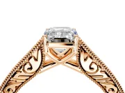 Solitaire Engagement Ring Setting for Emerald Cut Center with Engraved Pave Band and Prong Head in Rose Gold