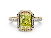 Halo Engagement Ring Setting for Fancy Yellow Radiant Cut Center with Inner Milgrain Border and Prong Head in Yellow Gold