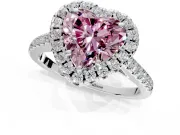 Halo Engagement Ring Setting for Fancy Pink Heart-Shaped Center with Raised Halo, Pave Band and Prong Head in White Gold