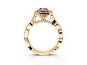 Halo Engagement Ring Setting for Fancy Pink Radiant Cut Center with Twist Band and Prong Head in Yellow Gold