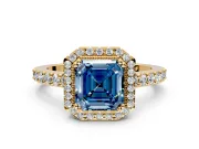 Halo Engagement Ring Setting for Fancy Blue Asscher Cut Center with Inner Milgrain Border and Prong Head in Yellow Gold