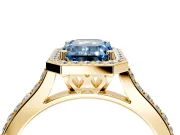 Halo Engagement Ring Setting for Fancy Blue Emerald Cut Center with Pave Accents, Heart Basket and Prong Head in Yellow Gold