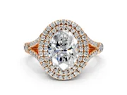 Double Halo Engagement Ring Setting for Oval Center with Narrow Pave Split Shank and Prong Head in Rose Gold