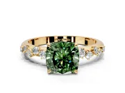 Cluster Engagement Ring Setting for Fancy Green Cushion Cut Center with Round Cut Accent Band and Prong Head in Yellow Gold