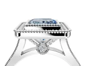 Halo Engagement Ring Setting for Fancy Blue Princess Cut Center with Milgrain Frame, Pave Band and Prong Head in Platinum