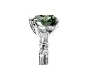 Baguette Engagement Ring Setting for Fancy Green Heart-Shaped Center with Alternating Bar-Set Band and Prong Head in Platinum