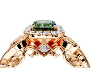 Milgrain Halo Engagement Ring Setting for Fancy Green Emerald Cut Center with Shoulder Bezels and Prong Head in Rose Gold
