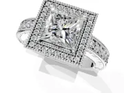 Milgrain Halo Engagement Ring Setting for Princess Cut Center with Pave Band and Prong Head in Platinum