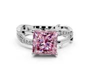 Solitaire Engagement Ring Setting for Fancy Pink Princess Cut Center with Pave and Plain Crossover Band and Prong Head in Sterling Silver
