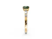 Bar-Set Engagement Ring Setting for Fancy Green Cushion Cut Center with Tapered Baguette Accents and Prong Head in Yellow Gold