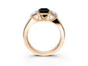 3 Stone Engagement Ring Setting for Fancy Black Radiant Cut Center with Raised Basket Heads and Prong Head in Rose Gold