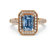 Milgrain Halo Engagement Ring Setting for Fancy Blue Emerald Cut Center with Three-Sided Pave Band and Prong Head in Rose Gold