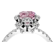 Halo Engagement Ring Setting for Fancy Pink Cushion Cut Center with Openwork Halo, Pave Band and Prong Head in Sterling Silver